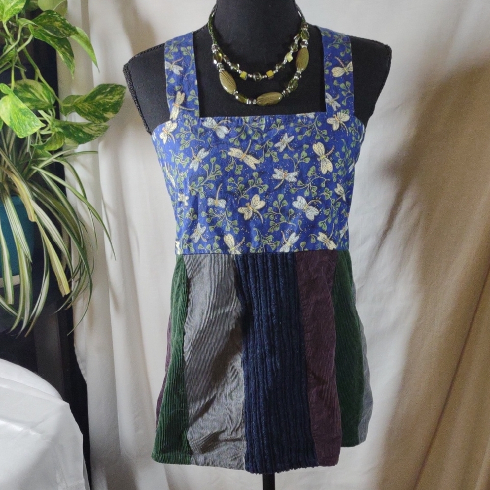 Vintage Handmade Hippie Cord & Print Patchwork Bib Style Halter Top - Sz. S/M